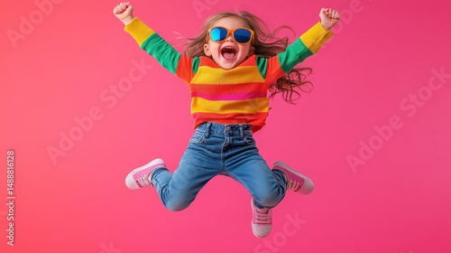 Joyful girl leaping, vibrant colours