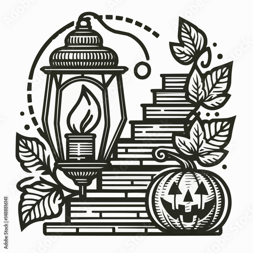 Vintage lantern with a jack-o'-lantern and autumn leaves in an illustrative style
