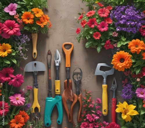 Vibrant flowers blooming around gardening tools ,  flowerbed,  plants,  dirt