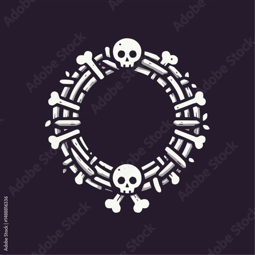 Skull and bones wreath, spooky atmosphere, vector illustration, Halloween theme, decorative design
