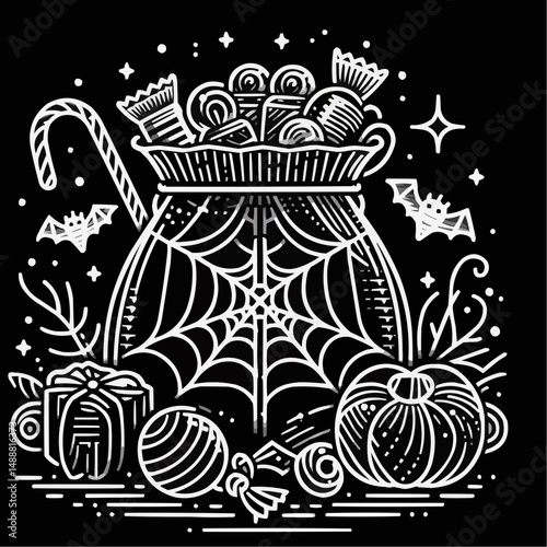 Artistic illustration of Halloween candy jar surrounded by pumpkins and bats on black background
