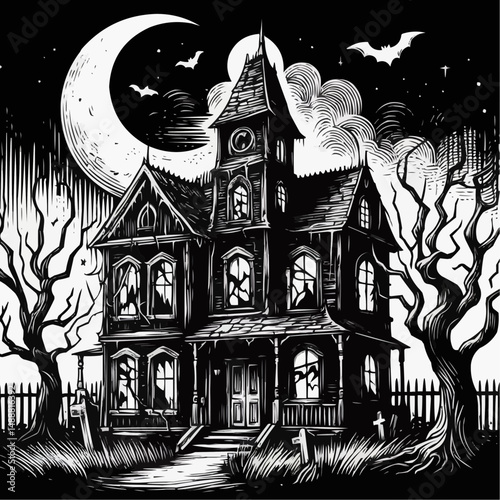 Haunted house at night with spooky atmosphere and full moon in black and white style
