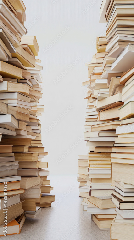 Fototapeta premium New books are neatly stacked high along both sides of a narrow pathway, inviting readers to explore and discover titles in a well-lit, simple indoor environment