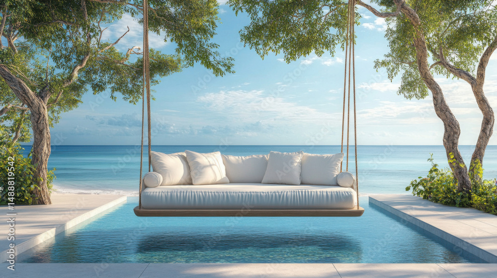Fototapeta premium Tranquil Retreat: Swing Sofa Over Pool by Tropical Beach Coastline