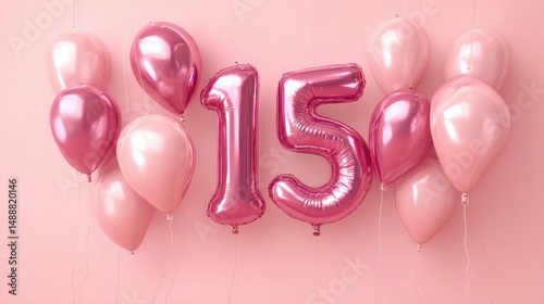 Festive Pink Balloons with Number Fifteen, Celebrating Birthday Party, Elegant Decoration for 15th Birthday, Joyful Celebration Atmosphere