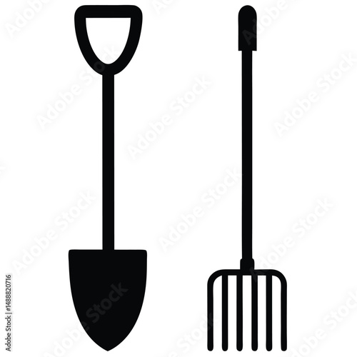 Black Silhouette of a Shovel and Rake for Gardening Tasks on White