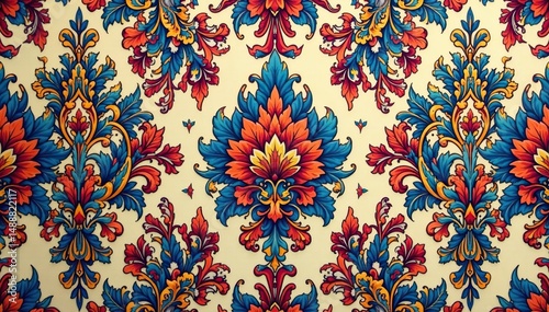 Intricate floral damask textile, repeating design, aesthetic, repeat, style