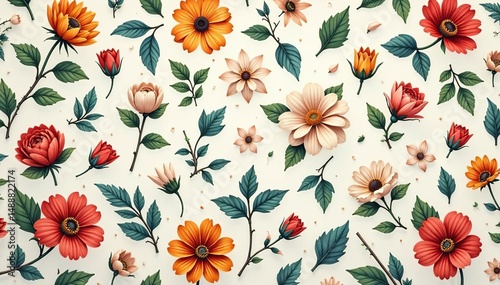 Small-scale repeating floral motif; muted tones , delicate, floral pattern, small floral