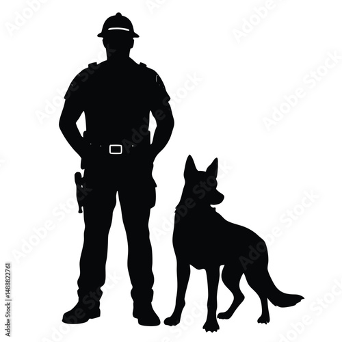 Law Enforcement Silhouette Officer in Uniform with K9 Companion, Protective Services