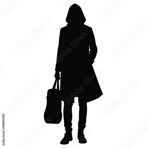 Mysterious Silhouette Person in Hooded Coat Holding Bag on Isolated White Background