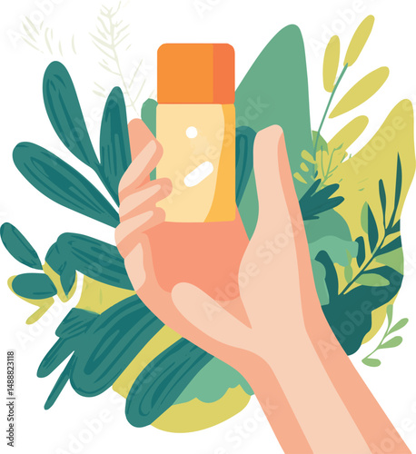 Hand Holding Soap Dispenser Bottle with Botanical Leaves – Skincare Product Vector Illustration