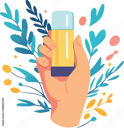 Hand Holding Soap Dispenser Bottle with Botanical Leaves – Skincare Product Vector Illustration
