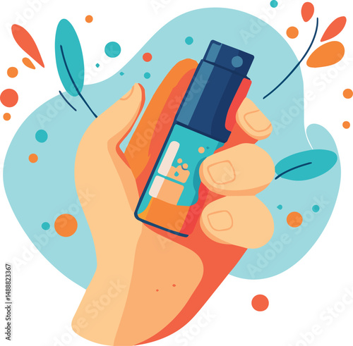 Hand Holding Soap Dispenser Bottle with Botanical Leaves – Skincare Product Vector Illustration