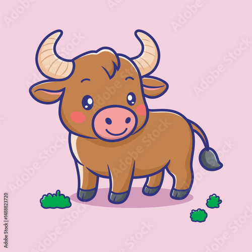 Cute Bull Cartoon Vector Icon Illustration. Animal Nature Icon Concept Isolated Premium Vector. Flat Cartoon Style
