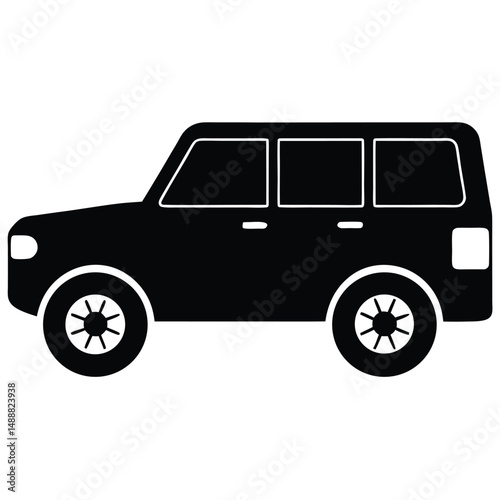 Silhouette Icon of a Car SUV, Black, Automobile with Window Details and Wheels