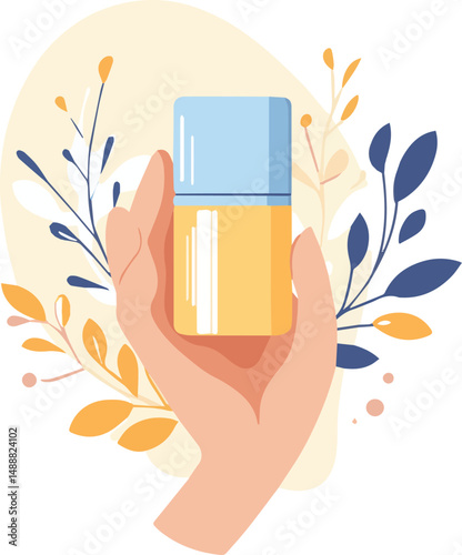 Hand Holding Soap Dispenser Bottle with Botanical Leaves – Skincare Product Vector Illustration