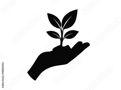 Hand holding plant vector icon with growing plant, seedling, sprout in hand, nature care, eco friendly symbol, sustainability, environmental protection, green energy, reforestation, organic growth