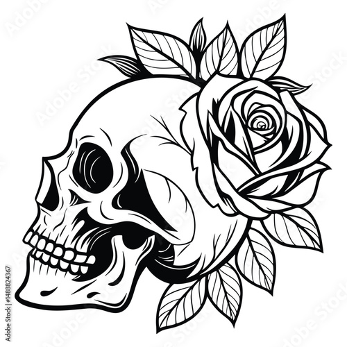 Artistic Skull Illustration with Elegant Rose and Leaf Details
