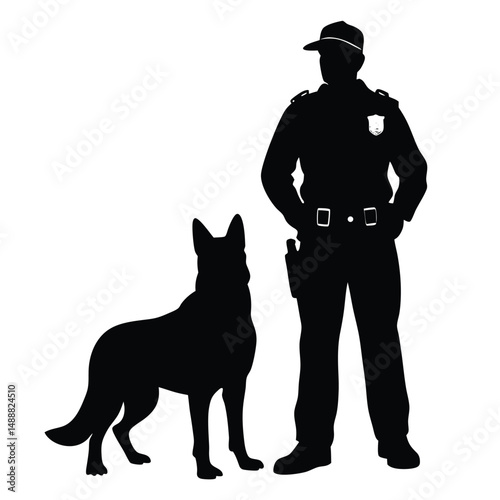 Silhouette Illustration Police Officer Standing Guard with a Loyal Canine Companion