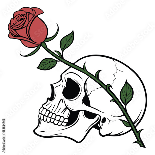 Skull Illustration with Realistic Floral Growth and Dark Aesthetic