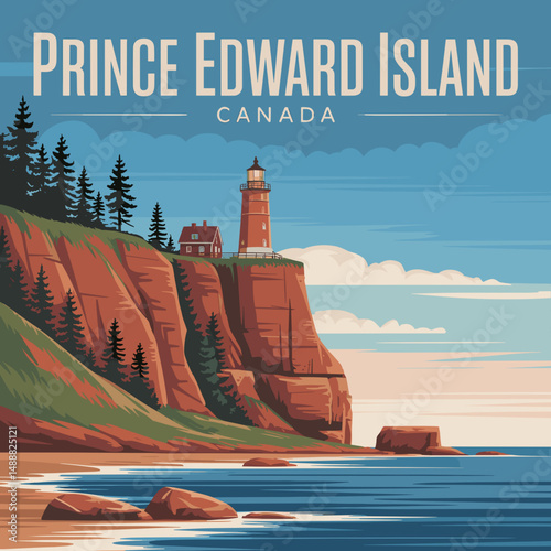 Prince Edward Island Red Cliffs and Lighthouse Scene