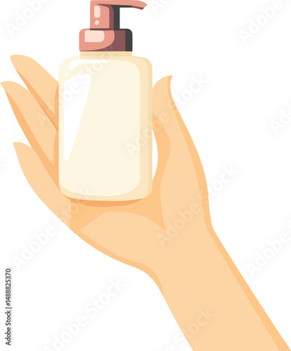 Hand Holding Soap Dispenser Bottle with Botanical Leaves – Skincare Product Vector Illustration