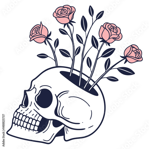 Minimalist Skull with Rose Flowers Arranged as a Blooming Base