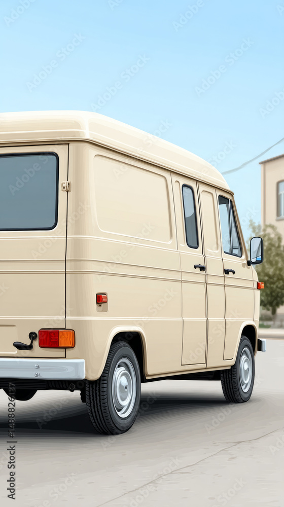 Naklejka premium Retro beige van parked on urban street with blue sky background