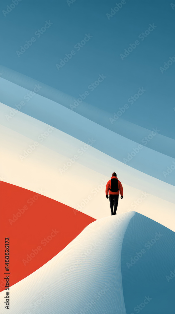 Obraz premium Solitary journey across vast sand dunes under blue sky