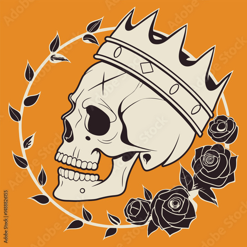 Broken Crown Skull with Circular Halo and Rose Accents