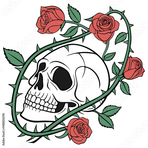Skull Wrapped in Chain Made of Rose Vines and Sharp Thorns