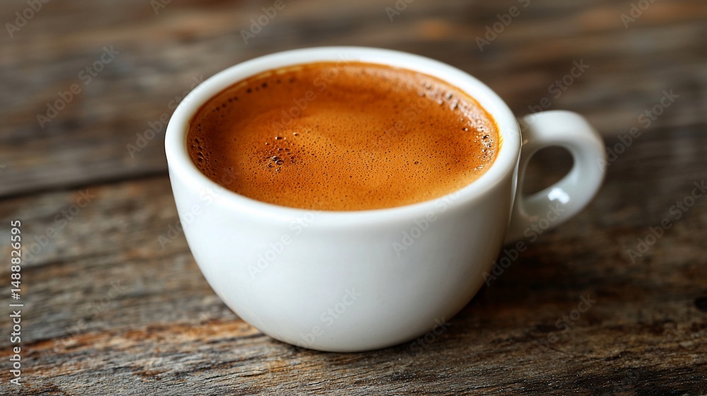 Fototapeta premium Espresso in a white cup on a wooden table