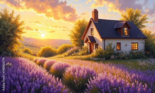 Charming white cottage surrounded by lavender fields at sunset, creating a serene atmosphere.