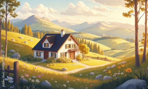 Charming countryside house surrounded by rolling hills and blooming flowers at sunset.