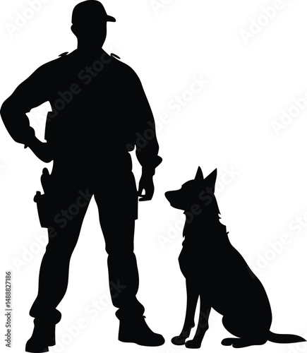 Silhouette of Officer with K9 Unit Dog, Law Enforcement Partnership Illustration
