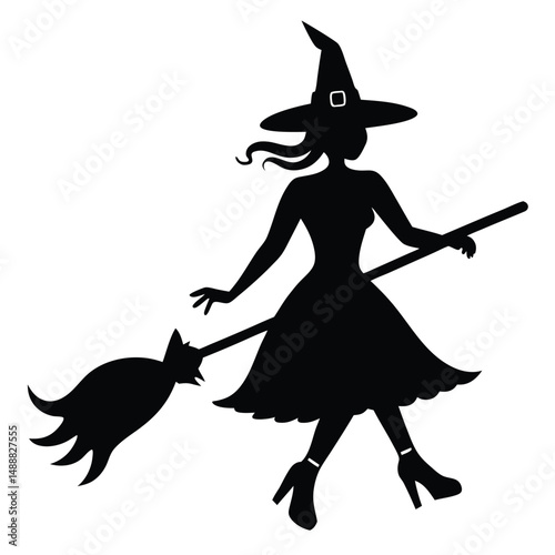 Silhouette Witch Flying on Broomstick, Halloween Celebration, Classic Black and White Design