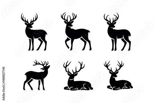 Vector Collection of Elegant Deer Silhouettes in Standing and Sitting Poses