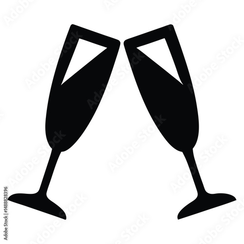 Toasting Celebration Two Champagne Glasses Clinking Together in Black Silhouette Illustration Style