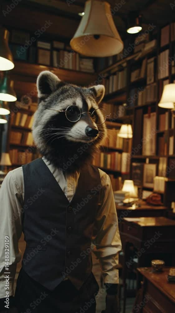 Raton laveur anthropomorphe dans une vieille bibliothèque, ambiance rétro et fantastique

