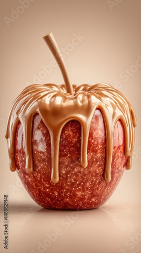 Luxurious 3d caramel apple art set against a creamy background