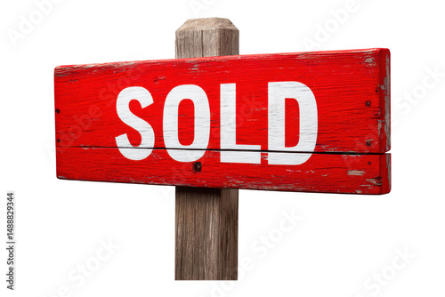 Red wooden sold sign on a wooden post isolated on transparent background