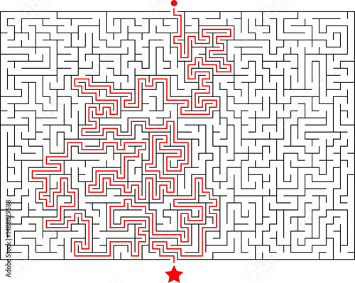 Big square labyrinth. Rectangualr maze of high complexity with solution. Black and white complex riddle with very high level of difficulty. Nice brainstorm puzzle.