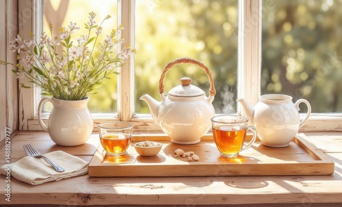 A cozy tea setup featuring two cups of tea and a teapot by a sunny window.