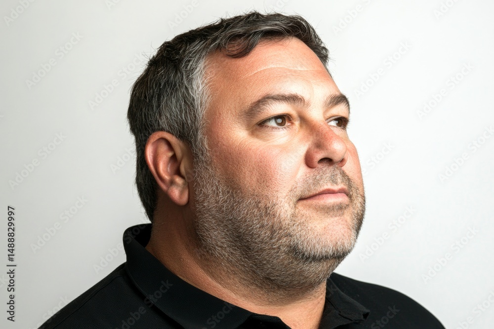 Fototapeta premium A handsome man in his 40s with a radiant smile. Pure white solid background. Fashionable men's short caesar haircut - midlife white man with hair. Conceptual art of style for aging men.