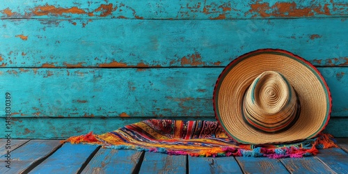 Colorful woven blanket and sombrero against a rustic blue wall in a cozy setting