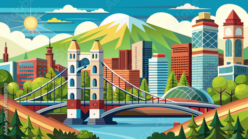 Bridge and buildings of Portland on a sunny day, Oregon