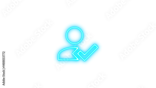 Glowing neon icon of a person with a checkmark, symbolizing approval or verification