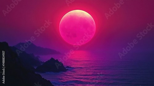 Vibrant pink moon over a purple ocean