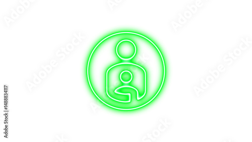 Glowing neon icon depicting a parent and child symbol inside a circular border, representing family or parental care