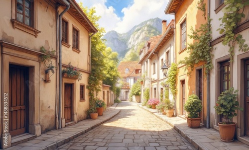 Charming cobblestone street in a picturesque village, adorned with blooming flowers.